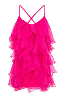 Rochie mini Lucky Fucsia cu volane din amestec de matase