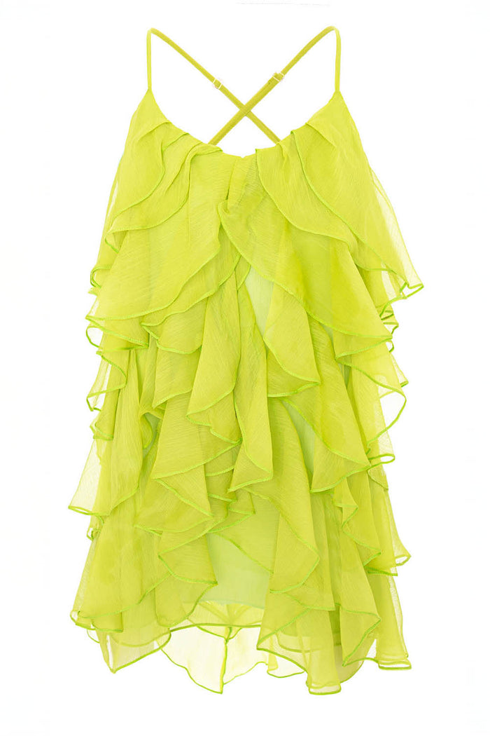 Rochie mini Lucky Lime cu volane din amestec de matase