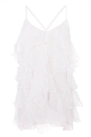 Rochie mini Lucky White cu volane din amestec de matase