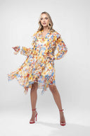 Rochie camasa cu volane asimetrice din voal de matase Yellow