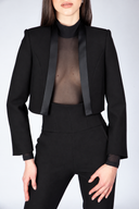 Sacou negru cropped cu detalii din satin de matase