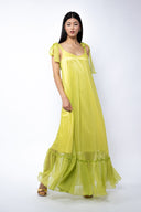 Rochie lunga vaporoasa din matase cu esarfe Lime