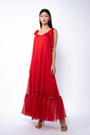 Rochie lunga vaporoasa din matase cu esarfe Red