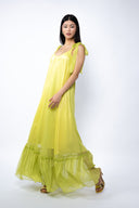 Rochie lunga vaporoasa din matase cu esarfe Lime