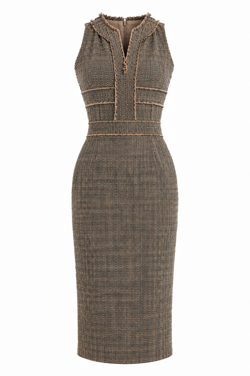 Rochie midi brown din tweed cu guler inalt