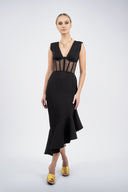 Rochie midi neagra cu corset transparent si slit