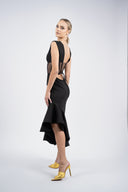 Rochie midi neagra cu corset transparent si slit