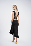 Rochie midi neagra cu corset transparent si fusta asimetrica