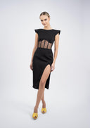 Rochie midi neagra cu corset transparent si slit