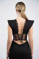 Rochie midi neagra cu corset transparent si fusta asimetrica