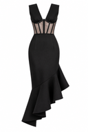 Rochie midi neagra cu corset transparent si fusta asimetrica