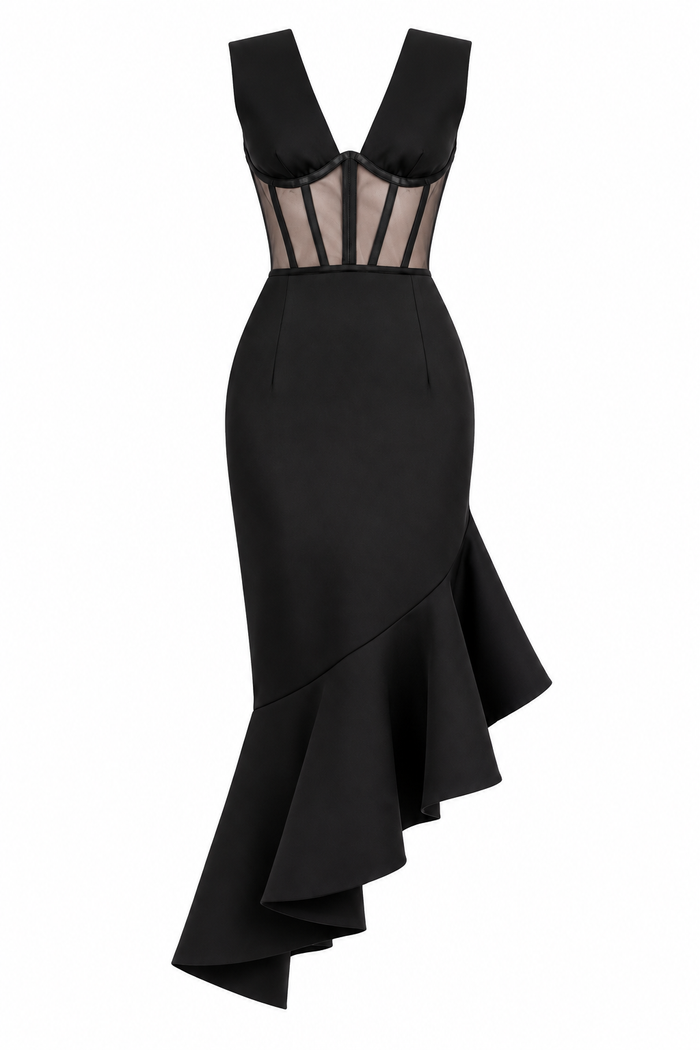 Rochie midi neagra cu corset transparent si fusta asimetrica