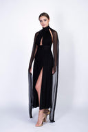 Midi dress with slit and cape-like scarves