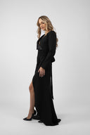 Rochie lunga neagra petrecuta cu rever asimetric