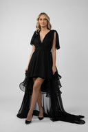 Rochie neagra cu fusta lunga detasabila si volane dramatice