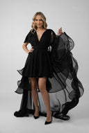 Rochie neagra cu fusta lunga detasabila si volane dramatice