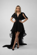 Rochie neagra cu fusta lunga detasabila si volane dramatice