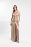 Rochie lunga aurie cu drapaje sculpturale si slit frontal