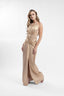 Rochie lunga aurie cu drapaje sculpturale si slit frontal