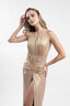 Rochie lunga aurie cu drapaje sculpturale si slit frontal