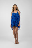 Rochie mini Lucky Blue cu volane din amestec de matase