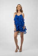Rochie mini Lucky Blue cu volane din amestec de matase