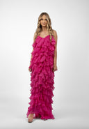 Rochie maxi cu volane din amestec de matase Lucky Fucsia