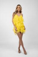 Rochie mini Lucky Yellow cu volane din amestec de matase