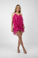 Rochie mini Lucky Fucsia cu volane din amestec de matase