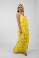 Rochie maxi cu volane din amestec de matase Lucky Yellow