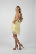 Rochie Lucky scurta din matase cu volane ample Yellow print