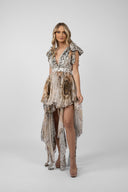 Rochie scurta cu imprimeu exotic si esarfe