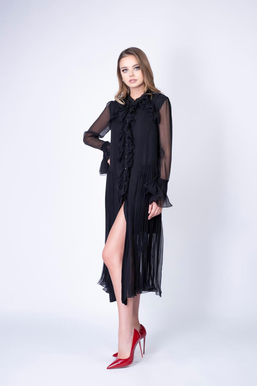 Rochie midi vaporoasa din matase Black