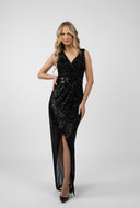 Long black sequin dress with front slit