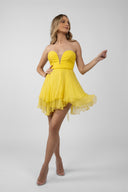 Short yellow strapless dress with gathered bodice