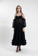 Rochie midi din dantela cu maneci bufante si volane din tulle