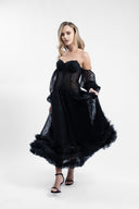 Rochie midi din dantela cu maneci bufante si volane din tulle
