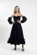 Rochie midi din dantela cu maneci bufante si volane din tulle