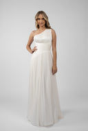 Rochie lunga tull matase asimetrica ivory