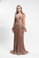 Long dress in film-coated silk tulle with gathered bodice and flowing sleeves