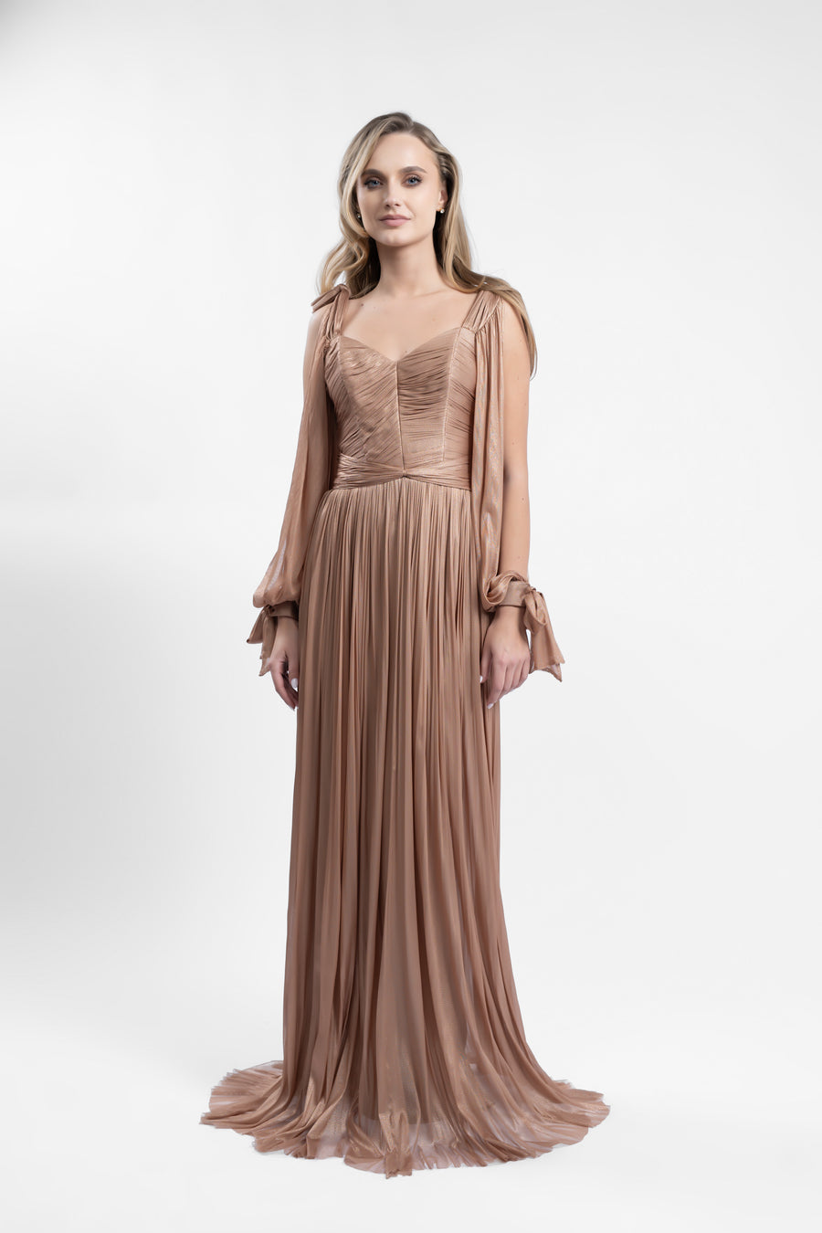 Rochie lunga din tulle  matase peliculizat cu bust fronsat si maneci fluide