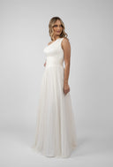 Rochie lunga tull matase asimetrica ivory