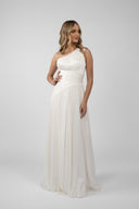 Rochie lunga tull matase asimetrica ivory