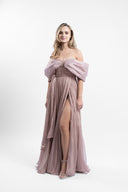 Dress with oversized bow made of film-coated silk veil