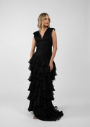 Rochie lunga  cu bust fronsat si volane ample
