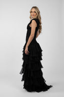 Rochie lunga  cu bust fronsat si volane ample