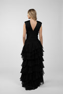 Rochie lunga  cu bust fronsat si volane ample