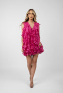 Rochie scurta cu volane si spate decupat Fuchsia