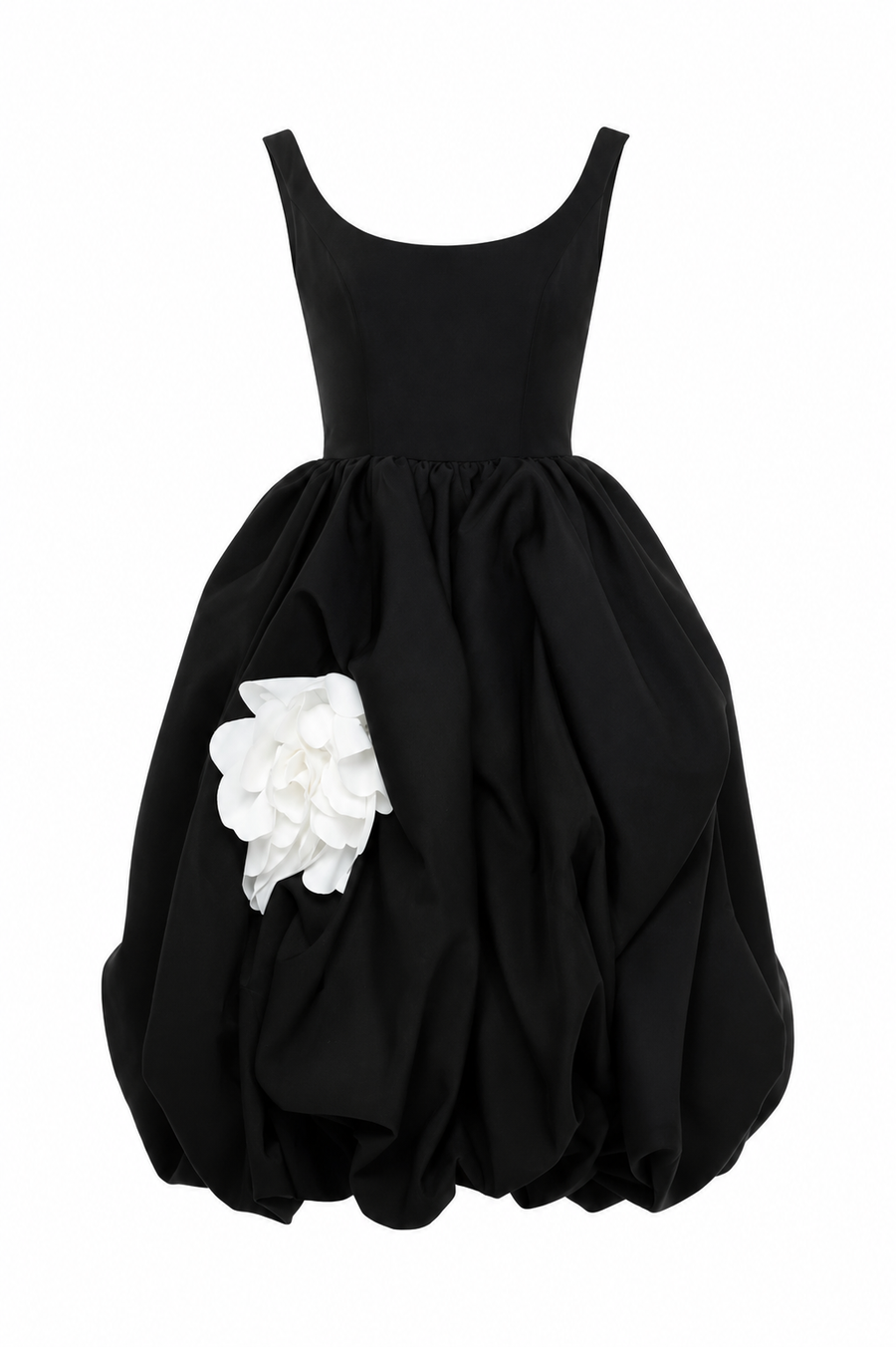Rochie midi neagra cu floare alba aplicata