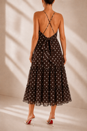Rochie midi din voal cu buline si spate decupat Brown Polka Dot